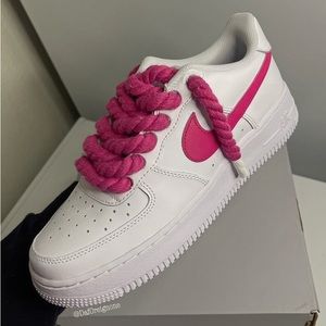 Men’s & GS Sizes Custom AF1 | White Air Force 1’s Fuchsia Swoosh and Rope Laces
